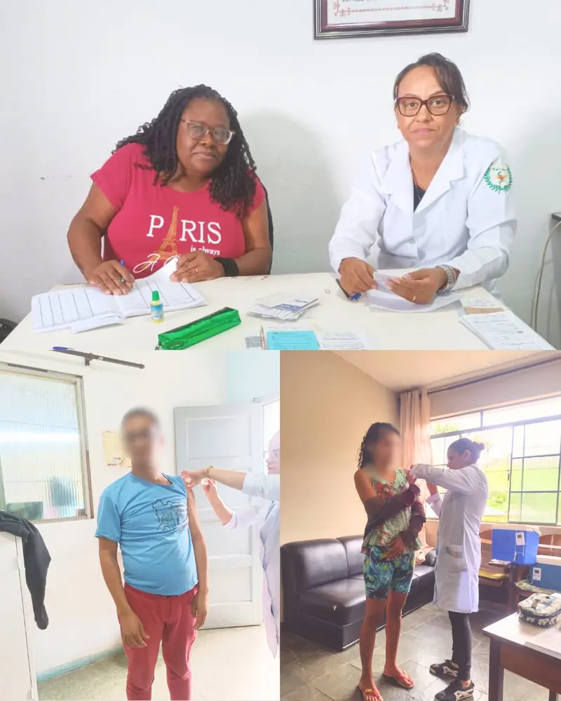 Montagem de três fotos: duas profissionais de saúde à mesa com cadernos e cartões de vacina, e duas pessoas recebendo vacina no braço, com os rostos desfocados.
