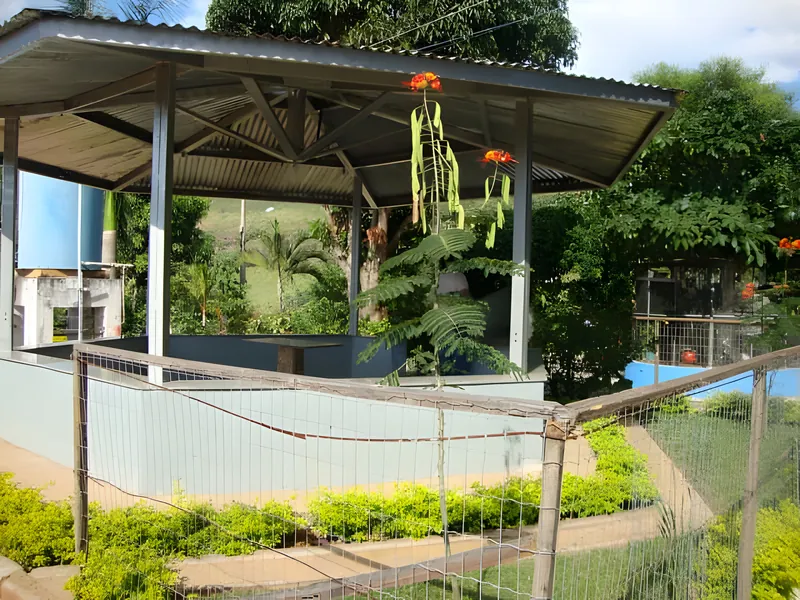Foto real: quiosque de cobertura hexagonal cercado de jardim florido, na Colônia